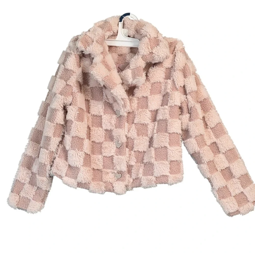 Self‎ Esteem Faux Fur Jacket Girls Medium Pink Checkered HeartButtons